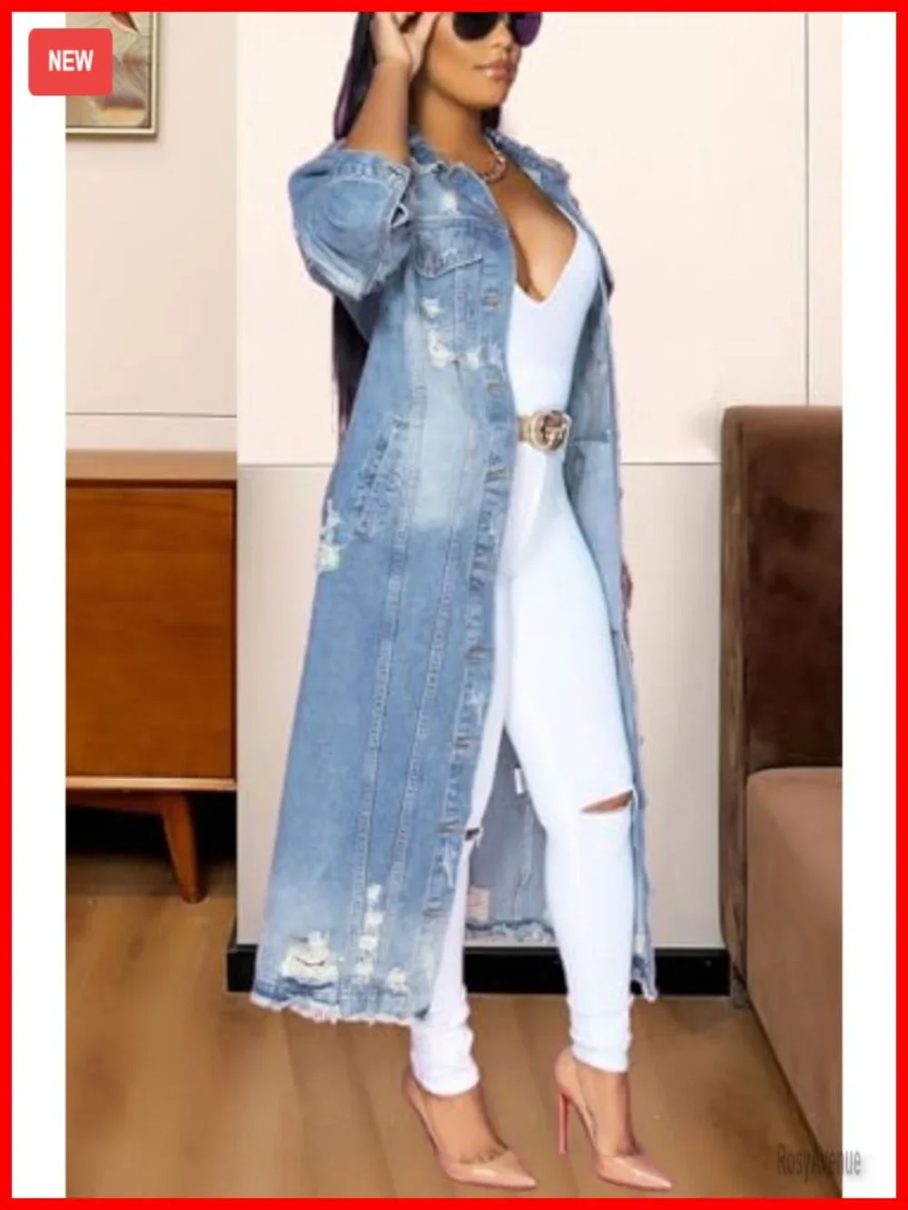 Ripped Holes Maxi Long Denim Jacket Trench Coat Spring Fashion